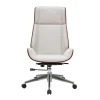 Fauteuil de bureau de direction design en tissu effet velours texturé beige, bois foncé et acier chromé CURVED