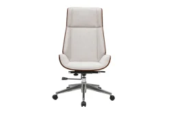 Fauteuil de bureau de direction design en tissu effet velours texturé beige, bois foncé et acier chromé CURVED