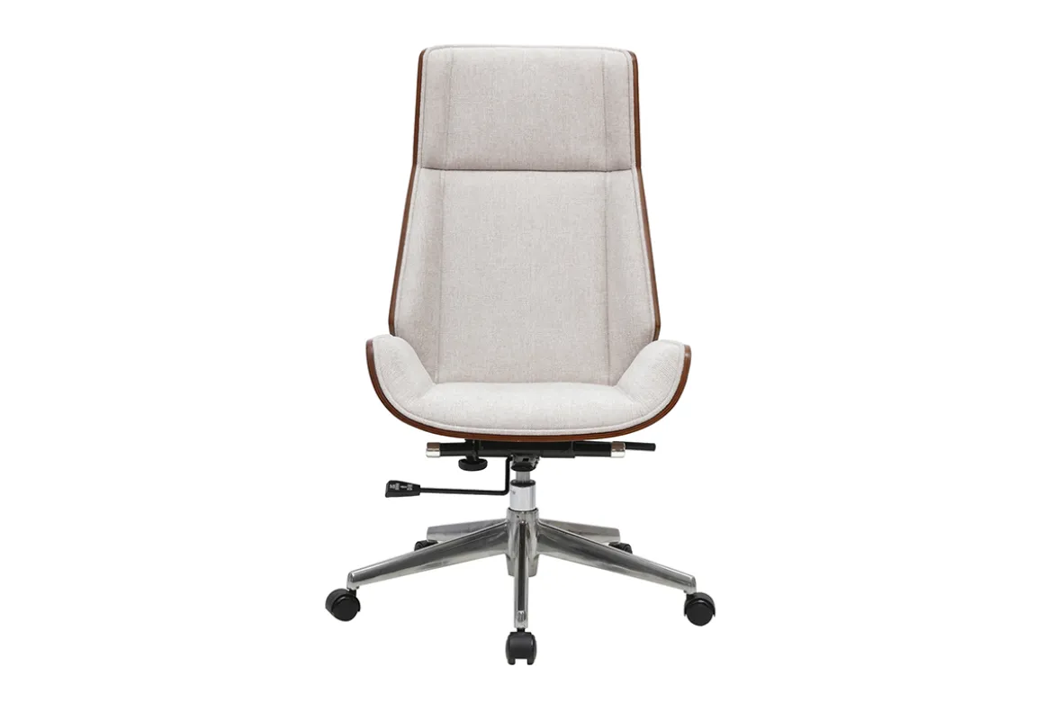 Fauteuil de bureau de direction design en tissu effet velours texturé beige, bois foncé et acier chromé CURVED