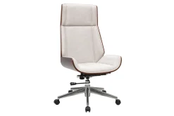 Fauteuil de bureau de direction design en tissu effet velours texturé beige, bois foncé et acier chromé CURVED