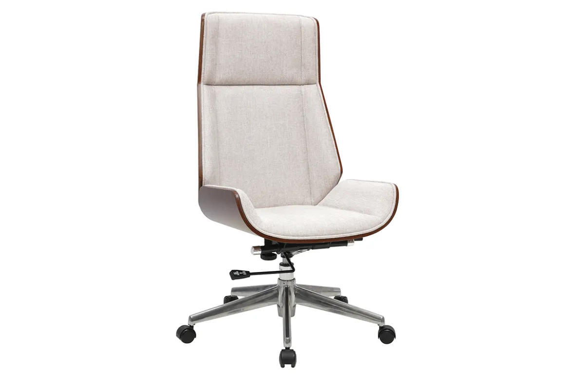Fauteuil de bureau de direction design en tissu effet velours texturé beige, bois foncé et acier chromé CURVED