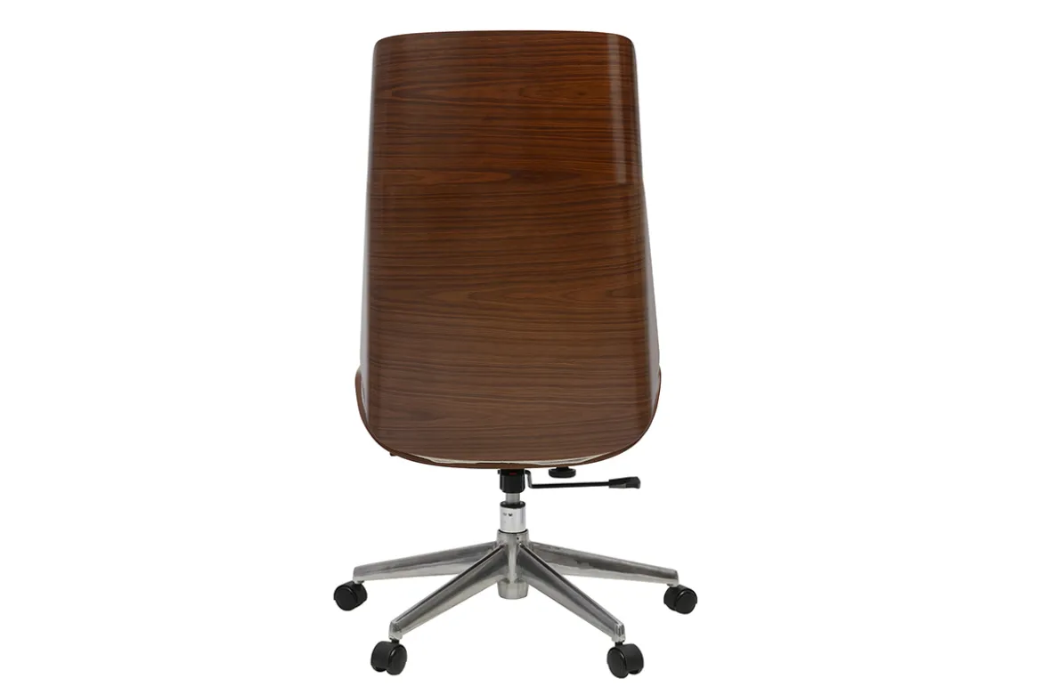 Fauteuil de bureau de direction design en tissu effet velours texturé beige, bois foncé et acier chromé CURVED
