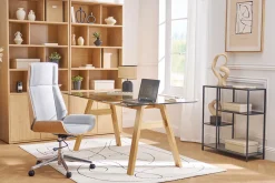 Fauteuil de bureau de direction design en tissu effet velours texturé beige, bois foncé et acier chromé CURVED