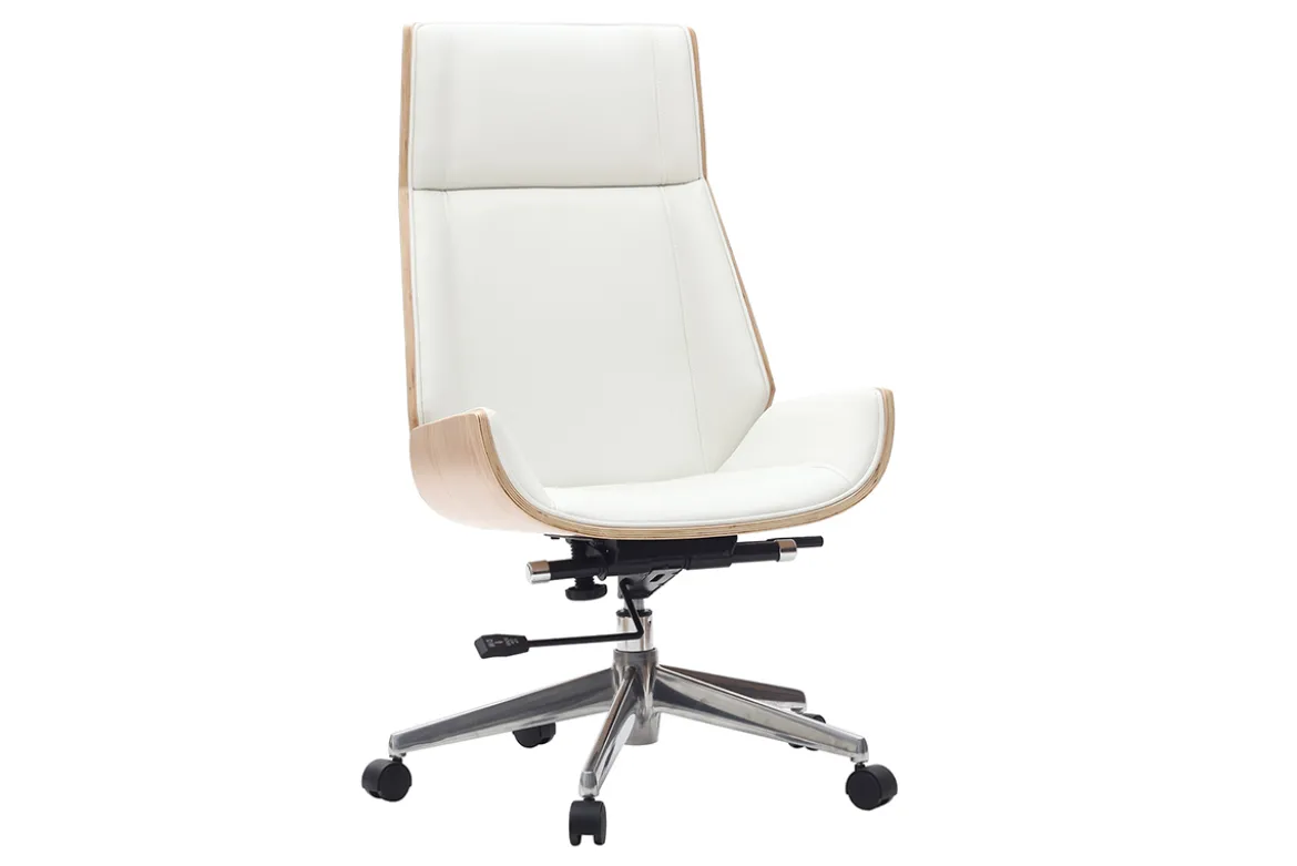 Fauteuil de bureau de direction design blanc, bois clair et acier chromé CURVED