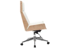 Fauteuil de bureau de direction design blanc, bois clair et acier chromé CURVED