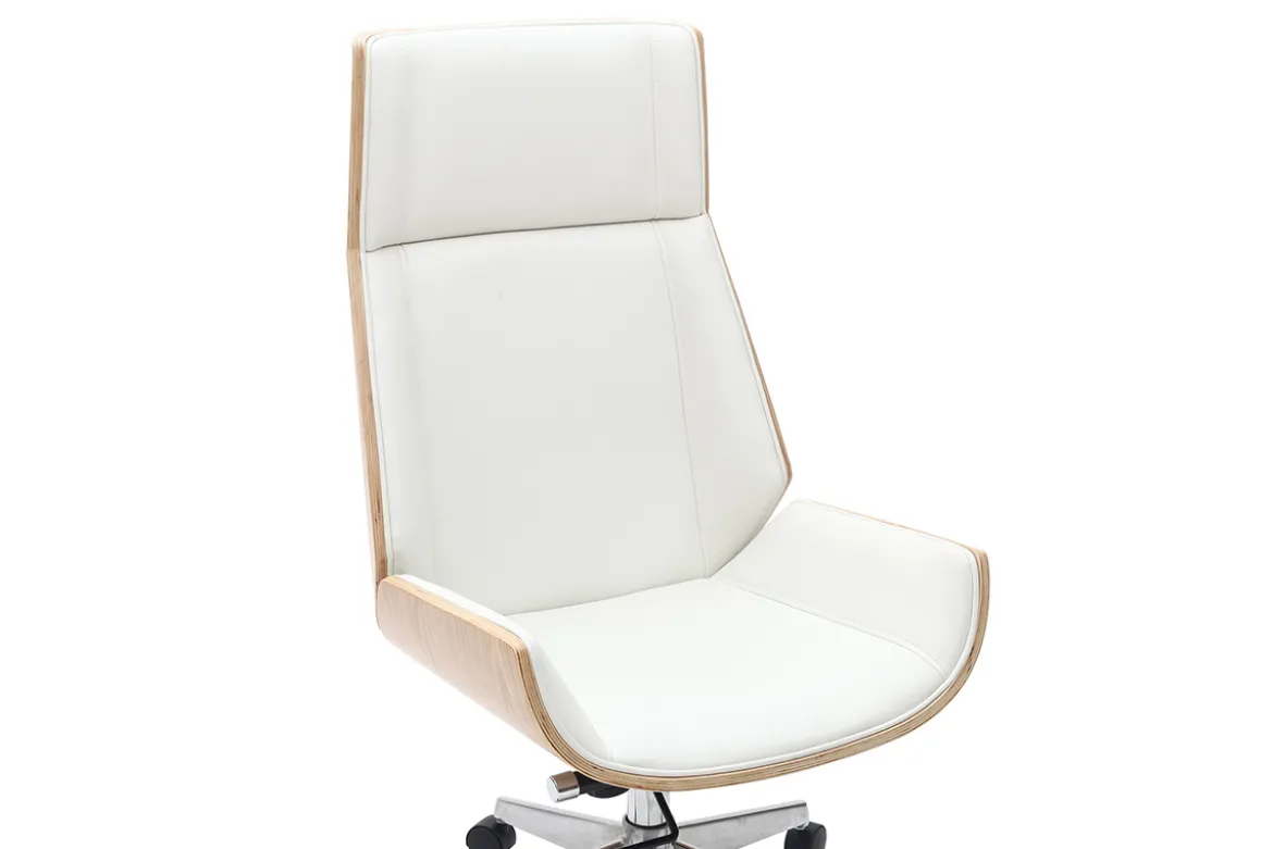 Fauteuil de bureau de direction design blanc, bois clair et acier chromé CURVED