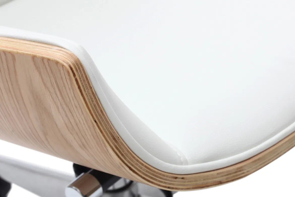 Fauteuil de bureau de direction design blanc, bois clair et acier chromé CURVED