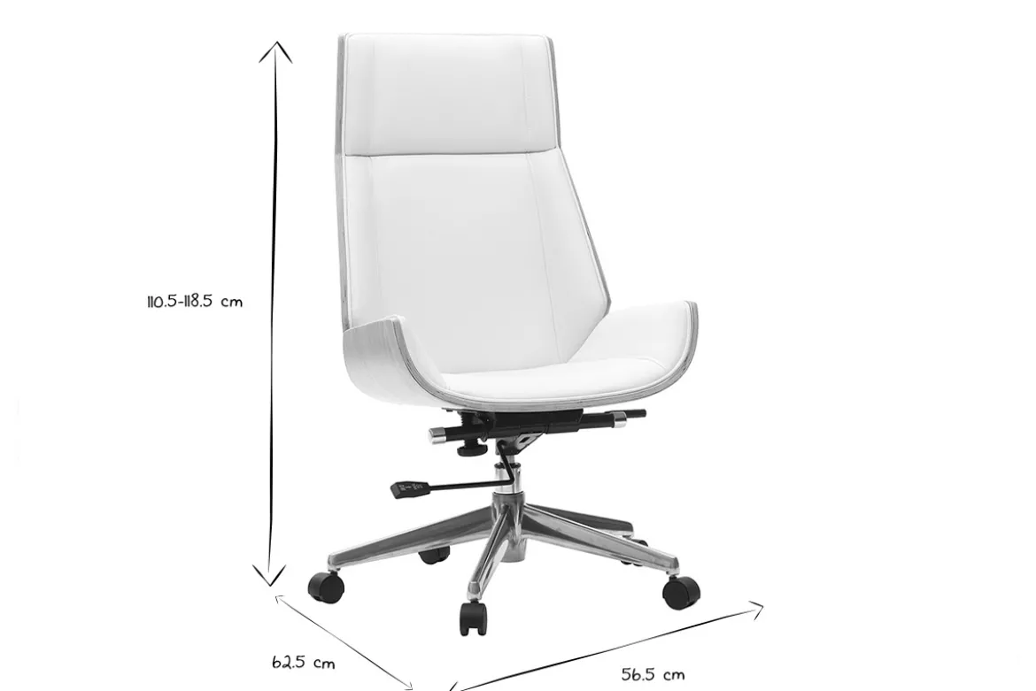 Fauteuil de bureau de direction design blanc, bois clair et acier chromé CURVED