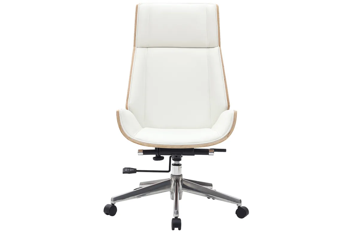 Fauteuil de bureau de direction design blanc, bois clair et acier chromé CURVED
