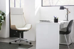 Fauteuil de bureau de direction design blanc, bois clair et acier chromé CURVED