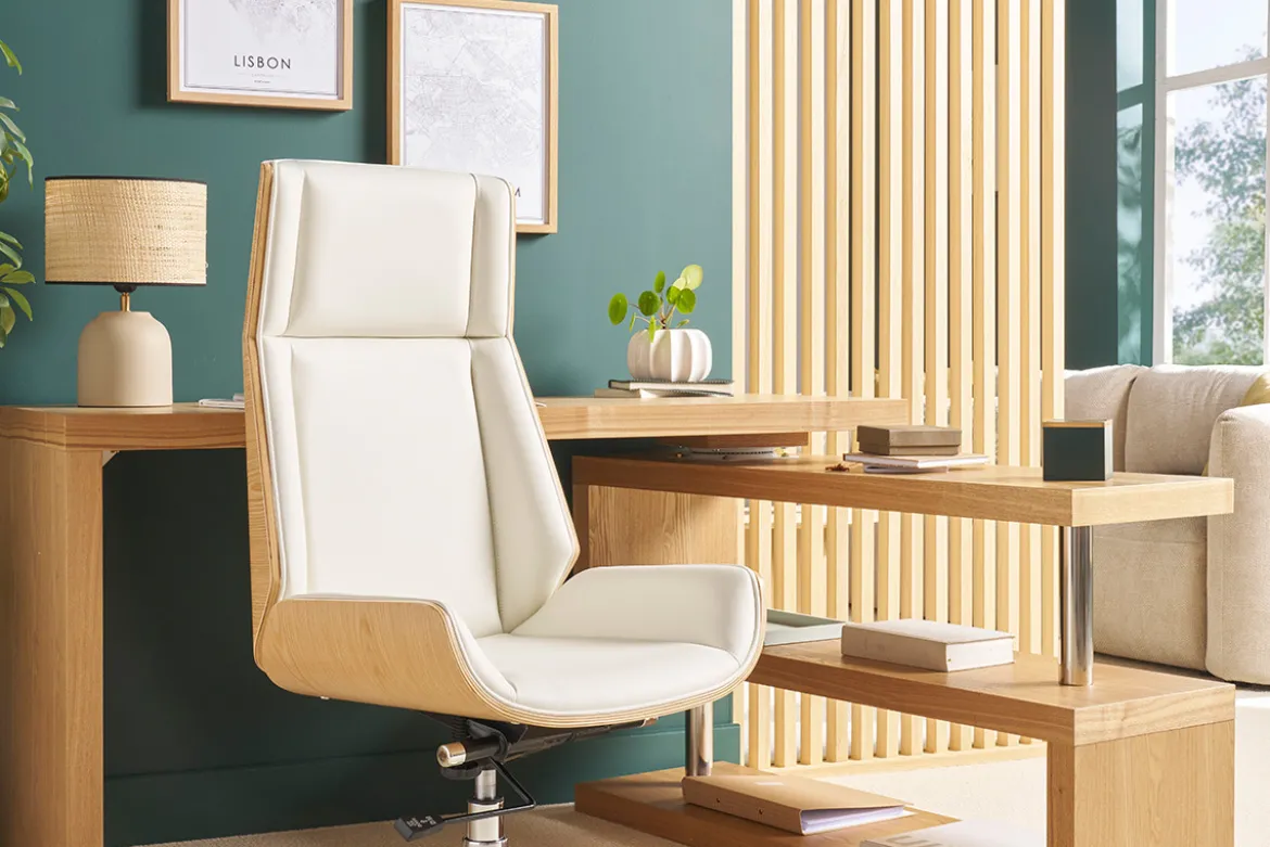 Fauteuil de bureau de direction design blanc, bois clair et acier chromé CURVED