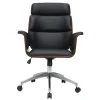 Fauteuil de bureau à roulettes design noir, bois foncé noyer et acier chromé ELON