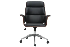 Fauteuil de bureau à roulettes design noir, bois foncé noyer et acier chromé ELON