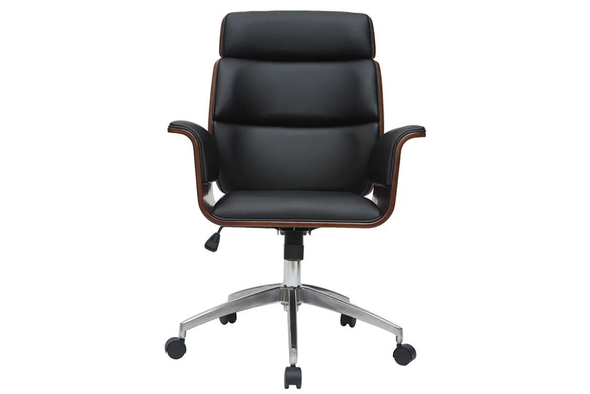 Fauteuil de bureau à roulettes design noir, bois foncé noyer et acier chromé ELON
