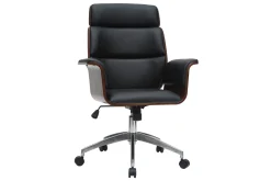 Fauteuil de bureau à roulettes design noir, bois foncé noyer et acier chromé ELON