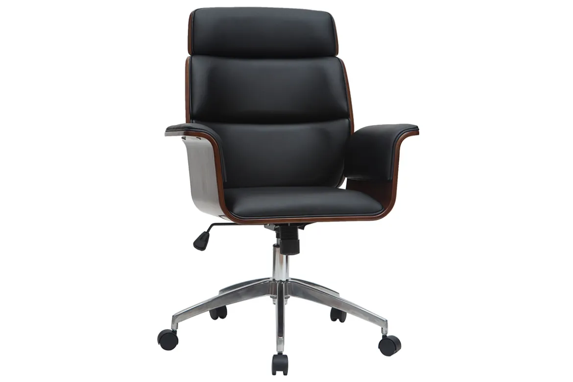 Fauteuil de bureau à roulettes design noir, bois foncé noyer et acier chromé ELON