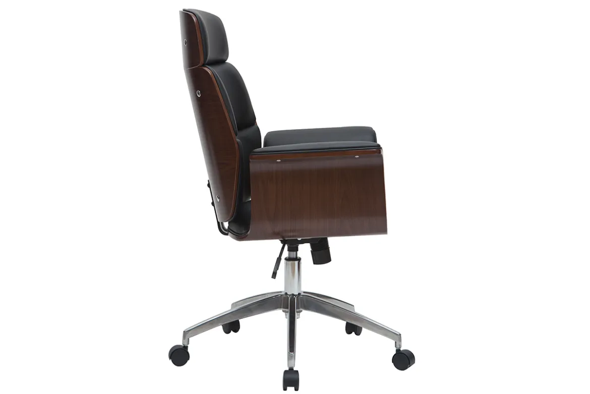 Fauteuil de bureau à roulettes design noir, bois foncé noyer et acier chromé ELON