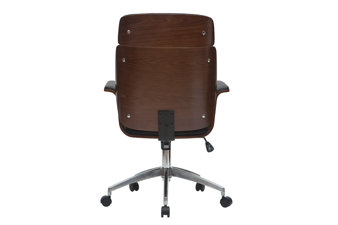Fauteuil de bureau à roulettes design noir, bois foncé noyer et acier chromé ELON