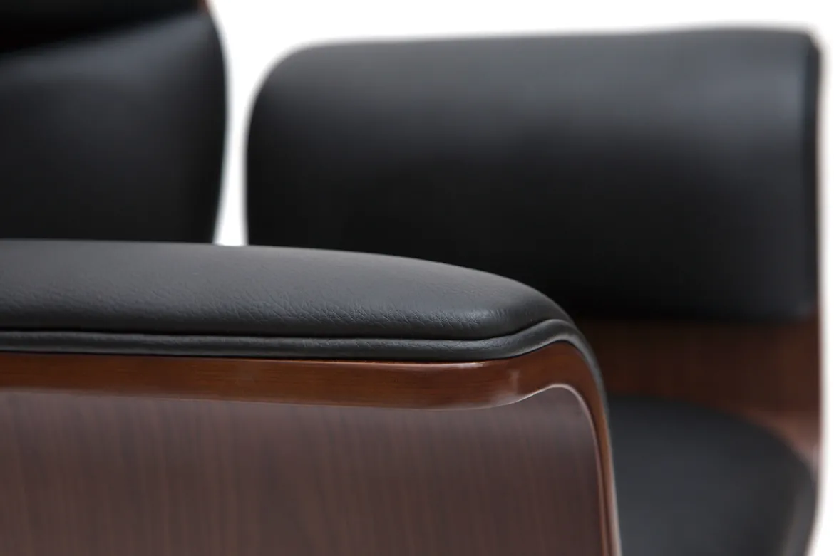 Fauteuil de bureau à roulettes design noir, bois foncé noyer et acier chromé ELON