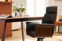 Fauteuil de bureau à roulettes design noir, bois foncé noyer et acier chromé ELON
