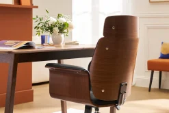 Fauteuil de bureau à roulettes design noir, bois foncé noyer et acier chromé ELON