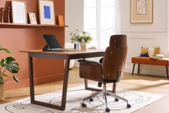 Fauteuil de bureau à roulettes design noir, bois foncé noyer et acier chromé ELON
