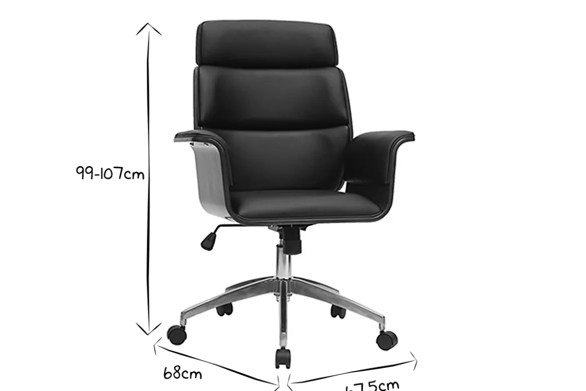 Fauteuil de bureau à roulettes design noir, bois foncé noyer et acier chromé ELON