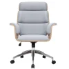 Fauteuil de bureau à roulettes design en tissu gris clair, bois clair et acier chromé ELON