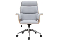 Fauteuil de bureau à roulettes design en tissu gris clair, bois clair et acier chromé ELON
