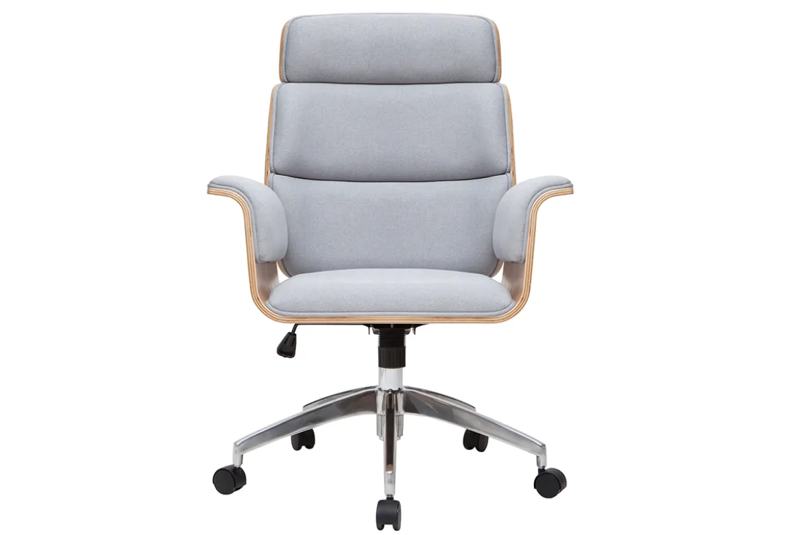 Fauteuil de bureau à roulettes design en tissu gris clair, bois clair et acier chromé ELON