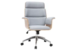 Fauteuil de bureau à roulettes design en tissu gris clair, bois clair et acier chromé ELON