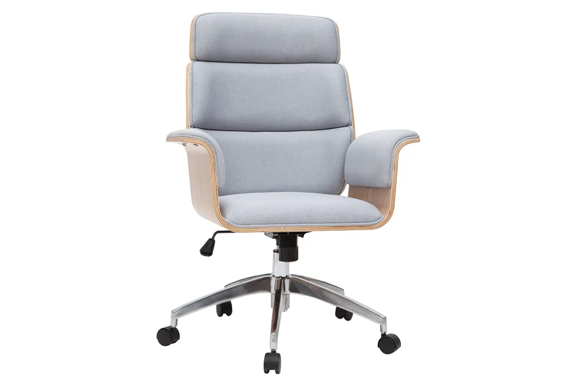Fauteuil de bureau à roulettes design en tissu gris clair, bois clair et acier chromé ELON