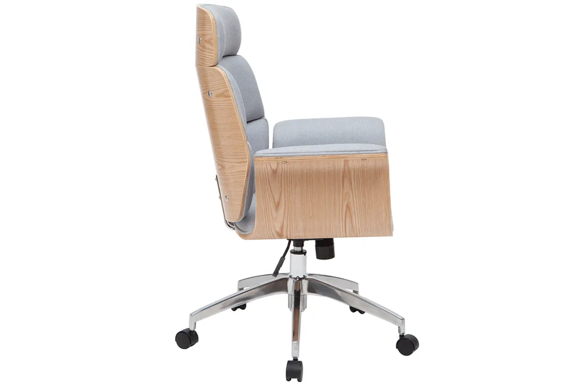 Fauteuil de bureau à roulettes design en tissu gris clair, bois clair et acier chromé ELON