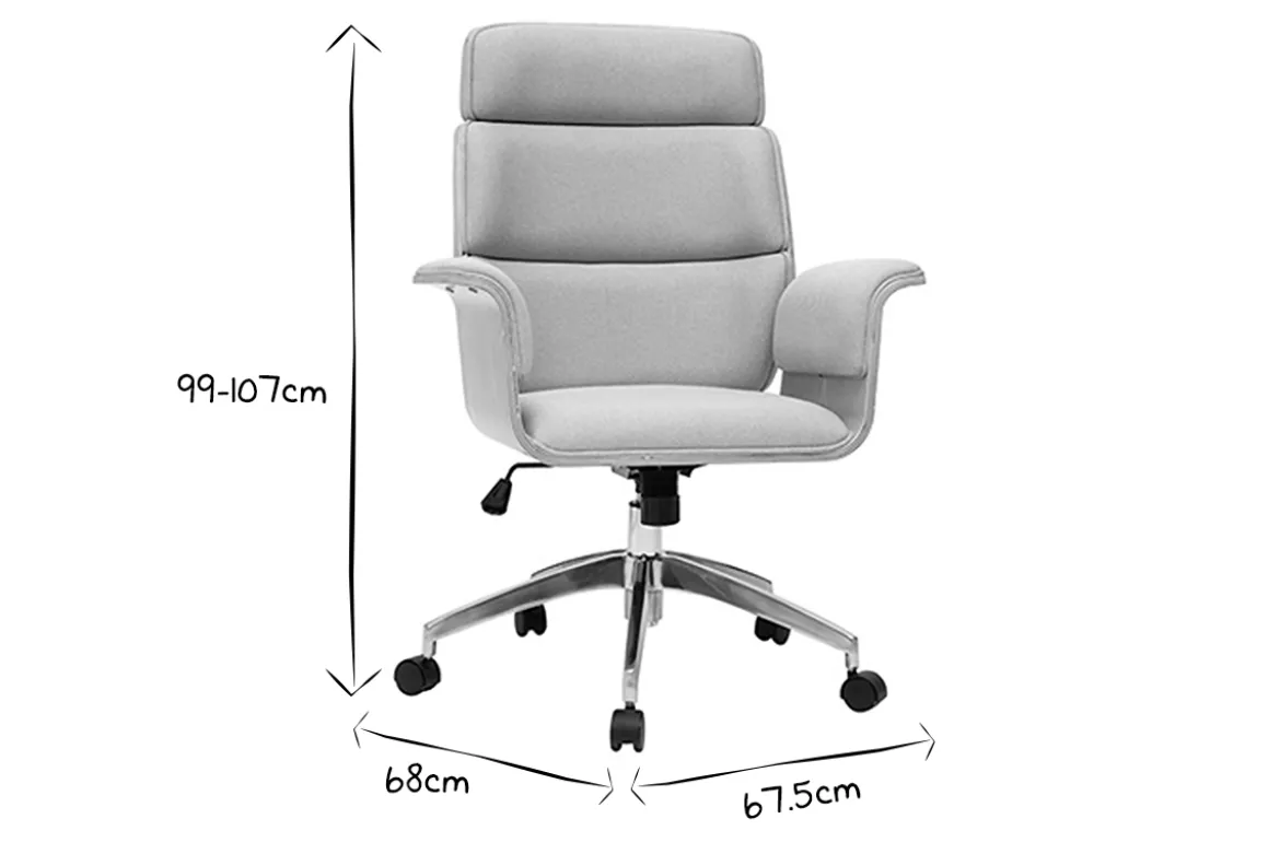 Fauteuil de bureau à roulettes design en tissu gris clair, bois clair et acier chromé ELON