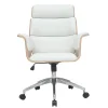 Fauteuil de bureau à roulettes design blanc, bois clair et acier chromé ELON