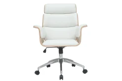 Fauteuil de bureau à roulettes design blanc, bois clair et acier chromé ELON