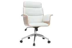 Fauteuil de bureau à roulettes design blanc, bois clair et acier chromé ELON