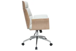 Fauteuil de bureau à roulettes design blanc, bois clair et acier chromé ELON