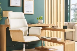 Fauteuil de bureau à roulettes design blanc, bois clair et acier chromé ELON