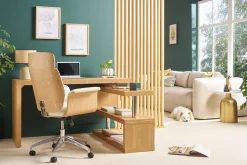 Fauteuil de bureau à roulettes design blanc, bois clair et acier chromé ELON
