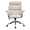 Fauteuil de bureau à roulettes design en tissu effet velours texturé beige, bois foncé et acier chromé ELON