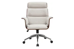 Fauteuil de bureau à roulettes design en tissu effet velours texturé beige, bois foncé et acier chromé ELON