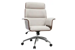 Fauteuil de bureau à roulettes design en tissu effet velours texturé beige, bois foncé et acier chromé ELON