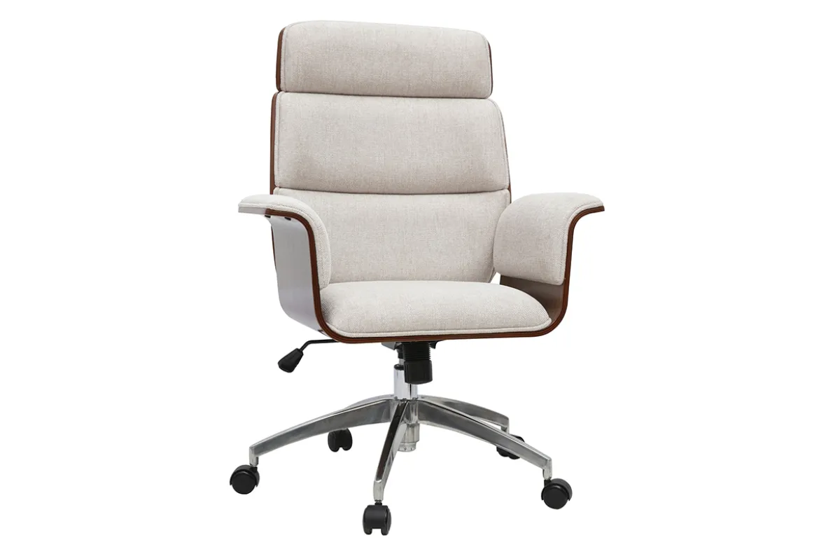 Fauteuil de bureau à roulettes design en tissu effet velours texturé beige, bois foncé et acier chromé ELON