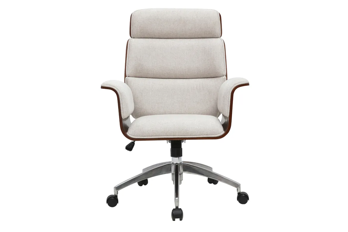 Fauteuil de bureau à roulettes design en tissu effet velours texturé beige, bois foncé et acier chromé ELON