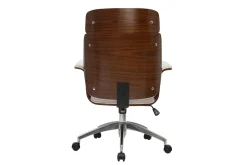 Fauteuil de bureau à roulettes design en tissu effet velours texturé beige, bois foncé et acier chromé ELON