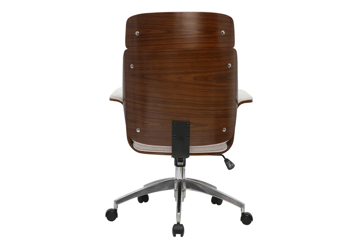 Fauteuil de bureau à roulettes design en tissu effet velours texturé beige, bois foncé et acier chromé ELON