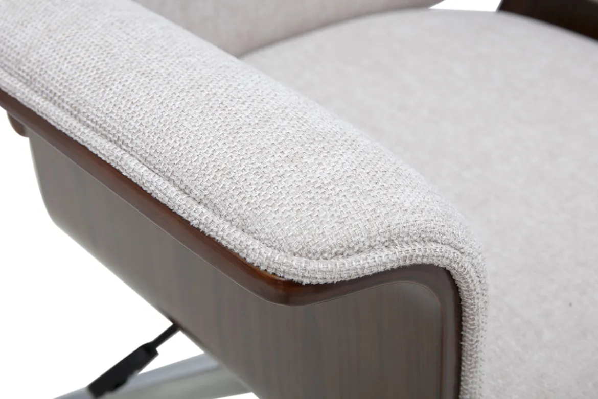 Fauteuil de bureau à roulettes design en tissu effet velours texturé beige, bois foncé et acier chromé ELON