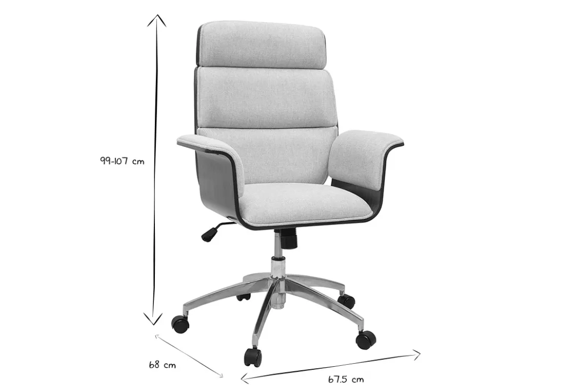 Fauteuil de bureau à roulettes design en tissu effet velours texturé beige, bois foncé et acier chromé ELON