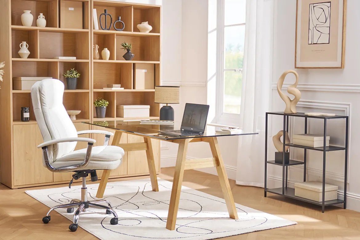 Fauteuil de bureau à roulettes design blanc et acier chromé WALL STREET
